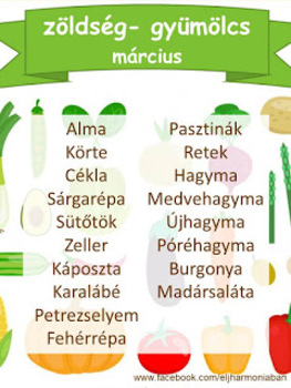 Idény zöldségek, gyümölcsök - március
